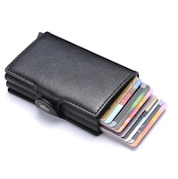 Billetera Doble porta Tarjetas y Billetes de Cuero y Aluminio - Negro
